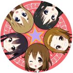  5girls akiyama_mio beamed_eighth_notes black_eyes black_hair blonde_hair blue_eyes brown_eyes brown_hair circle commentary_request copyright_name eighth_note grin head_only hirasawa_yui k-on! kotobuki_tsumugi long_hair looking_at_viewer masamuuu multiple_girls musical_note nakano_azusa open_mouth quarter_note round_teeth short_hair smile staff_(music) star tainaka_ritsu teeth upper_teeth 