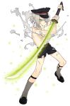  1boy fireflies garters glowing glowing_sword glowing_weapon green_eyes grey_legwear hat hotarumaru kiwame_(touken_ranbu) male_focus official_art ootachi rururara shirtless shorts silver_hair sock_garters sword torn_clothes torn_shorts touken_ranbu transparent_background weapon 