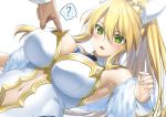  1girl ? animal_ears artoria_pendragon_(all) artoria_pendragon_(lancer) bangs bare_shoulders blonde_hair blush braid breast_poke breasts bunny_ears cleavage detached_collar fate/grand_order fate_(series) french_braid green_eyes hair_between_eyes large_breasts leotard looking_at_viewer navel navel_cutout necktie parted_lips poking ponytail sidelocks simple_background solo_focus spoken_question_mark suzuki_nene tiara white_leotard 