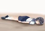  1girl :o arms_at_sides bangs black_hair black_shorts blue_sailor_collar blue_skirt blush closed_eyes commentary_request dirty_clothes dirty_face eyebrows_visible_through_hair full_body highres kneehighs lying on_ground on_stomach original parted_lips pleated_skirt sailor_collar school_uniform sekira_ame serafuku shirt shoe_soles short_hair short_sleeves shorts skirt solo white_legwear white_shirt 