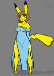  2017 3_toes accessory barefoot breasts brown_hair cleft_tail clothing dress female garter green_eyes grey_background hair jewelry mature_female necklace nintendo open_mouth pikachu pok&eacute;mon pok&eacute;mon_(species) scorpdk simple_background toes tongue tracey_volt_(swordfox) video_games watermark 