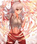  &gt;:) 1girl bangs bow breasts collarbone commentary_request cowboy_shot eyebrows_visible_through_hair fire flame fujiwara_no_mokou gradient gradient_background grey_background hair_between_eyes hair_bow hands_up highres long_hair looking_at_viewer medium_breasts midriff navel ofuda pants parted_lips partial_commentary puffy_short_sleeves puffy_sleeves red_eyes red_pants shirt short_sleeves silver_hair sleeves_rolled_up smile solo standing stomach suspenders testame tied_shirt touhou v-shaped_eyebrows white_background white_bow 