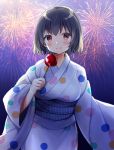  1girl aerial_fireworks bangs black_hair blush candy_apple closed_mouth commentary_request eyebrows_visible_through_hair fingernails fireworks food hair_between_eyes highres holding holding_food japanese_clothes kimono long_sleeves minami_saki multicolored multicolored_polka_dots obi original polka_dot polka_dot_kimono red_eyes sash smile solo striped vertical_stripes white_kimono wide_sleeves yukata 