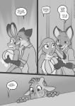  2019 anthro being_watched big_breasts breast_grab breasts canid canine clothed clothing comic dialogue digital_media_(artwork) dipstick_ears disney duo english_text female fox freckles_(artist) giraffe giraffid gloves_(marking) greyscale hand_on_breast hi_res judy_hopps lagomorph leporid looking_at_another male male/female mammal markings monochrome multicolored_ears nick_wilde open_mouth rabbit text zootopia 