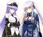  2girls alternate_hairstyle azur_lane black_coat black_neckwear blue_eyes blue_hair blush breasts brown_eyes cleavage cleavage_cutout commentary_request cosplay costume_switch enterprise_(azur_lane) enterprise_(azur_lane)_(cosplay) essex_(azur_lane) essex_(azur_lane)_(cosplay) hair_between_eyes hairstyle_switch hat hi-rin large_breasts long_hair long_sleeves looking_at_viewer multiple_girls necktie off_shoulder peaked_cap red_neckwear sleeveless white_hair 