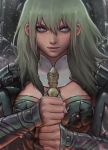  1girl armor blue_eyes byleth_(fire_emblem) byleth_(fire_emblem)_(female) cape evil_smile fire_emblem fire_emblem:_three_houses green_hair holding holding_sword holding_weapon kaejunni long_hair looking_at_viewer portrait smile snow solo sword upper_body weapon 