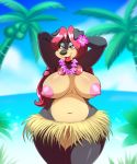  2019 anthro areola big_breasts breasts canid canine canis delilah_evona domestic_dog female grass_skirt hair half-closed_eyes hi_res lei lonbluewolf looking_at_viewer mammal mastiff molosser nipples open_mouth pink_hair pussy rottweiler solo soulblader tongue yellow_eyes 