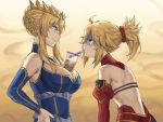  2girls ahoge artoria_pendragon_(all) artoria_pendragon_(lancer) back blonde_hair blue_dress blue_ribbon braid breasts bubble_tea bubble_tea_challenge cleavage collar crown cup detached_sleeves dress drinking_straw fate/apocrypha fate/grand_order fate_(series) french_braid green_eyes hair_bun hair_ornament hair_scrunchie hands_on_hips height_difference highres hunched_over large_breasts mordred_(fate) mordred_(fate)_(all) multiple_girls profile red_collar red_scrunchie red_skirt ribbon scrunchie shaded_face sidelocks skirt small_breasts smile tonee turn_pale 