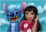  2012 alien ambiguous_gender black_hair blue_eyes blue_fur blue_nose border brown_eyes clothed clothing daekazu disney duo experiment_(lilo_and_stitch) female fluffy fur hair human lilo_and_stitch lilo_pelekai long_hair looking_aside mammal muumuu open_mouth open_smile outside sky smile stitch_(lilo_and_stitch) watermark white_border young 