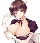  1girl apron bangs breast_lift breasts brown_eyes brown_hair cleavage collarbone eyebrows_visible_through_hair frills gloves head_tilt huge_breasts looking_at_viewer maid meisuke_mei original puffy_short_sleeves puffy_sleeves short_hair short_sleeves simple_background solo upper_body waist_apron white_background white_gloves white_headwear 