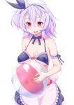  1girl absurdres apron azur_lane ball beachball bikini black_bikini bow breasts detached_collar frilled_apron frilled_bikini frilled_bikini_top frills headband highres kent_(azur_lane) large_breasts maid maid_apron maid_bikini navel open_mouth purple_hair solo swimsuit user_xysx3722 waist_apron white_apron 