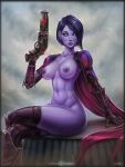  2019 abs absurd_res areola awoken breasts bungie clothing destiny_(video_game) destiny_2 digital_media_(artwork) female gun hair hi_res humanoid looking_at_viewer nipples not_furry nude purple_hair purple_skin ranged_weapon simple_background sitting solo thick_thighs vempire weapon white_eyes 