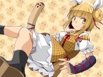  1girl baggy_pants bangs blonde_hair boots commentary_request double_bun hair_ribbon haniwa_(statue) hemogurobin_a1c joutouguu_mayumi pants ribbon skirt solo touhou yellow_eyes 