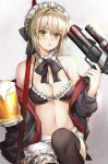  1girl 666_(ro_ro_ro3) :o absurdres alcohol apron artoria_pendragon_(all) artoria_pendragon_(swimsuit_rider_alter) bangs bare_shoulders beer beer_mug bikini black_bikini black_bow black_jacket black_legwear black_swimsuit blonde_hair blush bow bowtie braid breasts collarbone commentary_request eyebrows_visible_through_hair fate/grand_order fate_(series) foam frills highres holding_water_gun jacket looking_at_viewer maid_bikini maid_headdress medium_breasts navel open_clothes ribbon short_hair solo swimsuit thighhighs water_gun white_apron yellow_eyes 