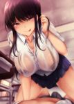  1boy 1girl ayakase_riberi black_hair blush bra breasts character_request cleavage curvy erection erection_under_clothes highres huge_breasts long_hair looking_at_viewer penis school_uniform see-through shiny shirt skirt source_request sweat thick_thighs thighs tongue tongue_out underwear uniform wet wet_clothes 