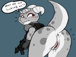  2019 4:3 anthro anus big_butt biped blush bodily_fluids bottomless breasts butt clothed clothing eyebrows eyelashes female gloves gun handwear holding_gun holding_object holding_weapon horn huge_butt josun kobold looking_back non-mammal_breasts piko presenting presenting_anus presenting_hindquarters presenting_pussy pussy raised_tail ranged_weapon reptile scalie short_stack simple_background solo standing sweat text thick_thighs topwear vest weapon wide_hips 