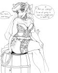  &lt;3 absurd_res anthro anthrofied applejack_(mlp) barrel big_breasts breasts choker cleavage clothed clothing crossed_legs cutie_mark dialogue equid equine female flower flower_in_hair freckles friendship_is_magic garter_straps hi_res holding_object jewelry legwear lingerie longinius looking_at_viewer mammal monochrome my_little_pony necklace panties plant rope simple_background sitting solo thigh_highs underwear 