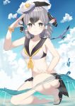  1girl absurdres animal bare_arms bare_shoulders bird bird_tail black_hair black_skirt blue_sky breasts cloud collarbone commentary_request day eyebrows_visible_through_hair flip-flops greater_roadrunner_(kemono_friends) grey_hair hair_tubes hat head_wings highres kemono_friends looking_at_viewer medium_breasts medium_hair mochorinpun multicolored_hair one_knee outdoors partially_underwater_shot sailor_bikini_top sailor_collar salute sandals scrunchie seagull skirt sky smile solo squatting tilted_headwear wading water wrist_scrunchie yellow_neckwear yellow_scrunchie 
