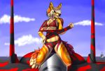  2019 5_fingers anthro canid canine clothed clothing day detailed_background digital_media_(artwork) female fingers kneeling mammal outside sky solo tales_foxdale 