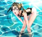  1girl bent_over black_swimsuit breasts commentary_request competition_swimsuit feet_out_of_frame green_eyes grey_hair hands_on_own_knees kantai_collection leaning_forward long_hair looking_at_viewer one-piece_swimsuit open_mouth parazan_d small_breasts smile solo standing swimsuit twintails water wet zuikaku_(kantai_collection) 