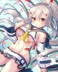  1girl :o ayanami_(azur_lane) azur_lane bangs blue_panties blue_sailor_collar blue_skirt blush breasts commentary_request crop_top crop_top_overhang detached_sleeves eyebrows_visible_through_hair grey_hair groin hair_between_eyes hair_ornament hairclip hand_up headgear high_ponytail large_breasts long_hair long_sleeves looking_at_viewer navel panties parted_lips pleated_skirt ponytail red_eyes retrofit_(azur_lane) sailor_collar shirt skirt solo tsukiman underboob underwear very_long_hair white_shirt white_sleeves wide_sleeves 