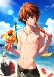  absurdres bag beach blush character_request commentary_request drinking_straw food green_shorts grin highres hikaru_no_go holding holding_drink holding_food jewelry komeo15 looking_at_viewer male_focus necklace one_eye_closed outdoors red_eyes red_hair short_hair shorts slippers smile solo_focus swimsuit topless water waya_yoshitaka 