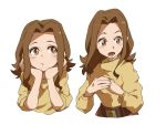  1girl brown_eyes brown_hair closed_mouth commentary_request digimon digimon_adventure long_hair mimxxpk open_mouth simple_background solo tachikawa_mimi white_background 