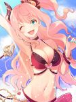  1girl :d ;d aqua_nails arm_up armlet armpits bangs belt bikini blue_eyes bracelet breasts chain choker cleavage day demon_tail gold head_tilt horns jewelry large_breasts long_hair looking_at_viewer loose_belt minami_suzuna navel one_eye_closed one_side_up open_mouth pink_hair popo_ot princess_connect! princess_connect!_re:dive smile swimsuit tail two-tone_bikini very_long_hair waving 