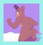  2019 anime birthday butt cake clothing eyelashes five_nights_at_freddy&#039;s five_nights_at_freddy&#039;s_2 food freckles grope hat headgear headwear hi_res invalid_tag kemono male mammal nipples overweight possumblush slightly_chubby small_tail solo table top_hat toy_bonnie_(fnaf) toy_freddy_(fnaf) ursid video_games 