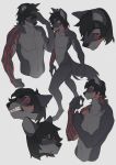  2019 anthro black_fur black_hair black_nose black_sclera canid canine canis digital_media_(artwork) digitigrade fur grey_fur hair male mammal nude okithau red_eyes solo teeth wolf 