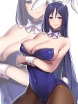 1girl animal_ears arms_under_breasts bangs bare_shoulders blush bow bowtie breasts bunny_ears bunny_tail cleavage covered_navel crossed_arms detached_collar fate/grand_order fate_(series) fishnet_pantyhose fishnets large_breasts leotard long_hair looking_at_viewer minamoto_no_raikou_(fate/grand_order) pantyhose parted_bangs purple_eyes purple_hair simple_background suzuki_nene tail very_long_hair wrist_cuffs 