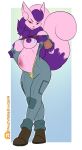  2018 2_tails 5_fingers anthro areola belly bethesda_softworks big_belly bite biting_lip bodily_fluids boots breasts clothed clothing clothing_lift crossover fallout felid feline female fingers footwear fur hi_res kick lactating lavenderpandy mammal meowstic milk multi_tail nintendo nipples pink_fur pip-boy pok&eacute;mon pok&eacute;mon_(species) pok&eacute;morph post-apocalyptic pregnant presenting presenting_breasts purple_fur red_eyes seductive shirt shirt_lift simple_background sleeveless_shirt standing story story_in_description tattoo topwear trixie_(swordfox) vault_suit video_games 