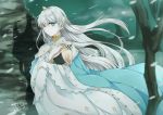  1girl 2018 anastasia_(fate/grand_order) artist_name bangs bare_tree blue_cloak blue_eyes cloak closed_mouth dated doll dress fate/grand_order fate_(series) floating_hair hair_between_eyes highres holding holding_doll long_hair long_sleeves looking_at_viewer misoradeko outdoors silver_hair snow snowing solo straight_hair tree very_long_hair white_dress wide_sleeves 