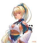  1girl arpeggio_kaga bangs bare_shoulders blonde_hair bow breasts cleavage cleavage_cutout closed_mouth creature dark_skin elf eyebrows_visible_through_hair fairy hair_bow hair_ornament highres hololive kintsuba_(flare_channel) long_hair long_ponytail long_sleeves medium_breasts orange_eyes panda pointy_ears ponytail shiranui_flare shoulder_cutout sideboob signature upper_body virtual_youtuber white_background 