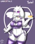  2016 absurd_res alternate_version_at_source anthro big_breasts big_eyes boss_monster bovid bra breasts caprine chest_tuft choker cleavage cleavage_cutout clothed clothing collar digital_media_(artwork) english_text eyelashes eyewear female food fur glasses hair hi_res horn jewelry legwear long_ears looking_at_viewer mammal milkteafox necklace panties purple_eyes pussy ruffles side-tie_panties simple_background solo standing text thick_thighs thigh_highs toriel tuft undertale underwear video_games voluptuous white_fur wide_hips 