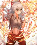  &gt;:) 1girl bangs bow breasts collarbone commentary_request cowboy_shot eyebrows_visible_through_hair fire flame fujiwara_no_mokou gradient gradient_background grey_background hair_between_eyes hair_bow hands_up highres long_hair looking_at_viewer medium_breasts midriff navel ofuda pants parted_lips partial_commentary puffy_short_sleeves puffy_sleeves red_eyes red_pants revision shirt short_sleeves silver_hair sleeves_rolled_up smile solo standing stomach suspenders testame tied_shirt touhou v-shaped_eyebrows white_background white_bow 