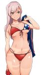  1girl american_flag_bikini asymmetrical_hair bangs bare_shoulders bikini blue_eyes blush breasts cleavage closed_mouth clothes_removed collarbone fate/grand_order fate_(series) flag_print highres large_breasts long_hair looking_to_the_side miyamoto_musashi_(fate/grand_order) miyamoto_musashi_(swimsuit_berserker)_(fate) navel pink_hair shrug_(clothing) simple_background smile solo swept_bangs swimsuit tan tanline thighs tokiwa_midori_(kyokutou_funamushi) white_background 