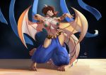  anthro bracelet breasts brown_hair claws clothed clothing dancing dragon hair horn jewelry membrane_(anatomy) membranous_wings navel non-mammal_breasts piratefoxbox solo toe_claws vivian_(altrue) wings 