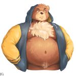  1:1 2019 anthro belly bottomless brown_fur clothed clothing fur hoodie m7 male mammal moobs navel overweight overweight_male simple_background solo topwear ursid white_background 