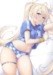  1girl :o alternate_costume bangs bikini_bottom blonde_hair blue_eyes bodypaint bradamante_(fate/grand_order) braid breasts commentary_request crown_braid facepaint fate/grand_order fate_(series) french_braid hair_between_eyes jersey large_breasts logo long_hair lying navel on_bed on_side p!nta shirt shirt_lift short_sleeves skindentation solo thigh_strap towel underboob very_long_hair white_background wristband 