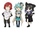  3boys ahoge animal_hood aqua_hair black_footwear black_sleeves closed_mouth eyebrows_visible_through_hair flower green_eyes guitar hair_flower hair_ornament hairclip hanasaki_miyabi hat holostars hood instrument kagami_kira kanade_izuru long_sleeves multiple_boys music navel necktie open_mouth pants playing_instrument purple_eyes red_hair shoes short_hair smile tokumaro tongue virtual_youtuber white_background yellow_eyes 