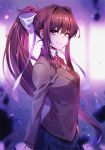  1girl blazer blue_skirt blurry blurry_background bow brown_hair brown_jacket closed_mouth collared_shirt depth_of_field doki_doki_literature_club enmr39_(anonyma) from_side green_eyes hair_bow hair_intakes jacket long_hair long_sleeves looking_at_viewer looking_to_the_side miniskirt monika_(doki_doki_literature_club) neck_ribbon pleated_skirt ponytail red_neckwear ribbon school_uniform shirt sidelocks skirt smile solo sweater_vest undershirt upper_body very_long_hair white_bow white_shirt wing_collar 