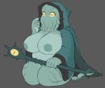  anthro big_breasts breasts cephalopod clothing coleoid decapodiform female hoodie iriedono kneeling marine mollusk nipples simple_background slightly_chubby solo staff tentacles topwear 