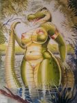  alligator alligatorid anthro bedroom_eyes big_breasts breasts crocodilian detailed_background female half-closed_eyes holding_tail looking_at_viewer nipples open_mouth open_smile pussy reptile scalie seductive sharp_teeth siyah smile solo teeth water wet 