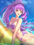 1girl absurdly_long_hair ass bare_shoulders bikini breasts caustics cleavage commentary_request day don_(rg06268) highres inflatable_toy large_breasts long_hair looking_at_viewer macross macross_delta mikumo_guynemer multicolored_hair ocean outdoors purple_bikini purple_hair red_eyes shiny shiny_hair shiny_skin side-tie_bikini solo sweat swimsuit teeth two-tone_hair very_long_hair water 