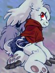  ambiguous_gender anthro canid canine claws clothed clothing digimon digimon_(species) fur gazimon hi_res looking_back m_malamute mammal red_eyes simple_background smile solo toe_claws 