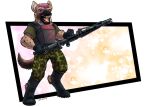  2019 anthro boots brown_fur clothing female footwear fur gun hair hyaenid looking_at_viewer mammal open_mouth purple_eyes purple_hair ranged_weapon solo spots spotted_fur spotted_hyena tiffany_ross tongue weapon 