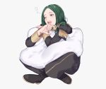  1boy blue_eyes blush boots epaulettes esutanisan fire_emblem fire_emblem:_three_houses green_hair linhardt_von_hevring long_hair low_ponytail male_focus one_eye_closed open_mouth pillow sitting solo teeth uniform white_background yawning 