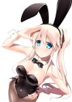 1girl animal_ears black_leotard black_neckwear blue_eyes bow bowtie breasts brown_legwear bunny_ears bunny_girl bunnysuit commentary_request cowboy_shot detached_collar from_above hand_on_hip highres large_breasts leotard long_hair looking_at_viewer mabinogi nao_(mabinogi) pantyhose salute simple_background solo standing strapless strapless_leotard twintails umitsubame white_background wrist_cuffs 