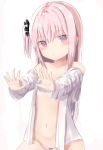  1girl :o eyebrows_visible_through_hair hair_between_eyes hair_ornament long_hair looking_at_viewer navel open_clothes open_mouth open_shirt original panties pink_eyes pink_hair pink_panties shirt simple_background solo underwear undressing white_shirt yuki_(yukin0128) 